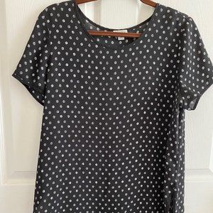 Spense Black and White Polka Dot Women's Blouse, Short Sleeves, Size Large, Long